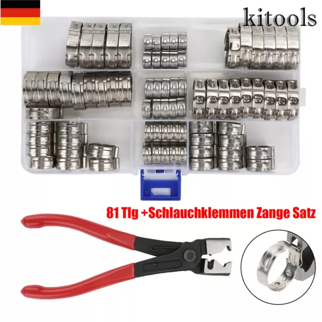 80tlg 1-Ohr Schlauchschellen Edelstahl Sortiment Schlauchklemmen mit Zange Set