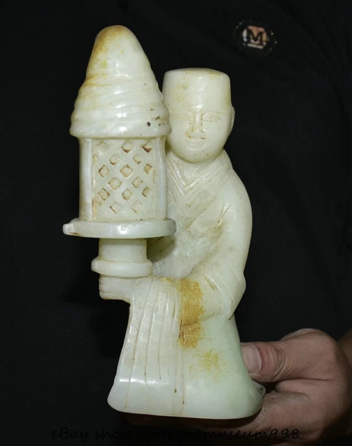 8" Old Chinese White Jade Carving Dynasty Figure palace lantern Statue Sculpture