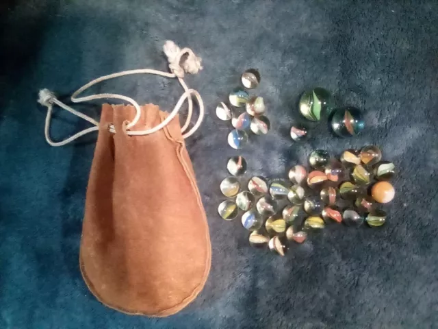 Leather Vintage Marbles Bag With 41 Marbles  2 bigger then the others