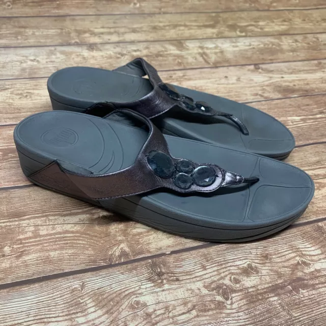 Fit Flop Womens 10 Lunetta Flip Flop Thong Sandals Leather Jeweled Silver Gray