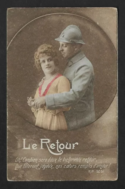 Postcard Ww1 Wwi French Greetings Romance The Return 2 Poilu Rip 5051 Bromophot