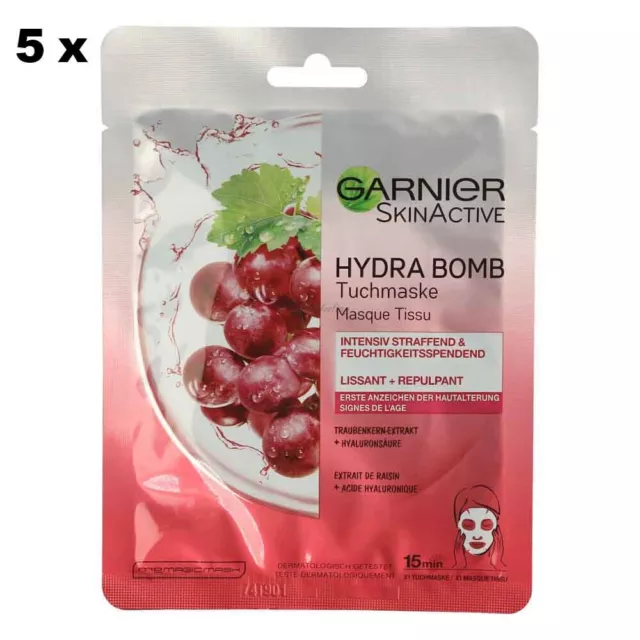 5 x Garnier Skin Active Hydra Bomb Tuchmaske Traubenkern - Extrakt 28 g