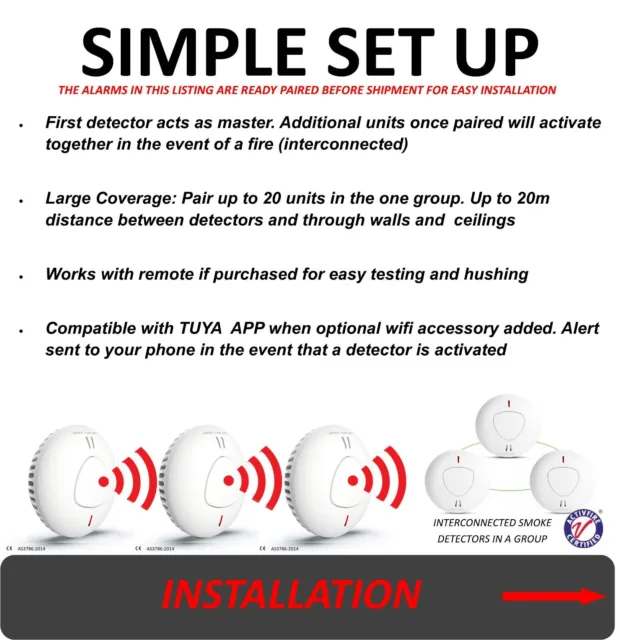 WIRELESS INTERCONNECTED PHOTOELECTRIC Smoke Alarm Detector Qld AS3786 10 YEARS 2