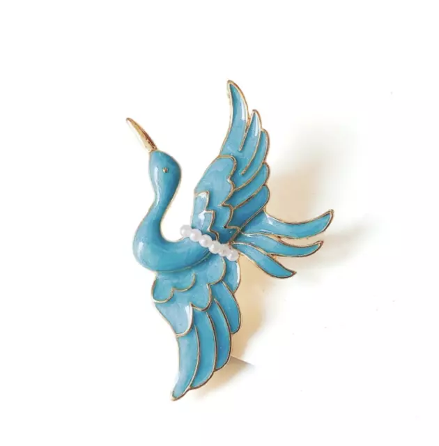 Blue Enamel Crane Flying Bird Pin Brooch Vtg Style Gold Tone