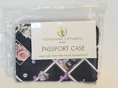 Adrienne Vittadini Passport Case Credit Card Black Pink Floral Signature Lining