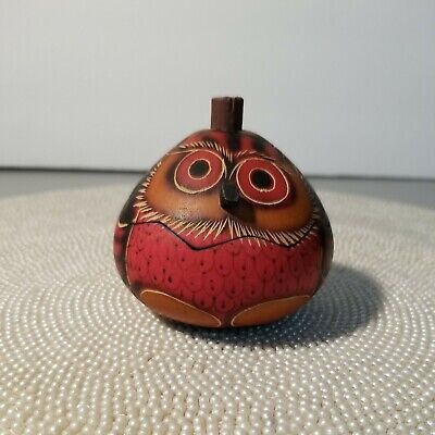 Hand-Painted/Carved South American Red & Black Owl Gourd Calabash Trinket 3”H