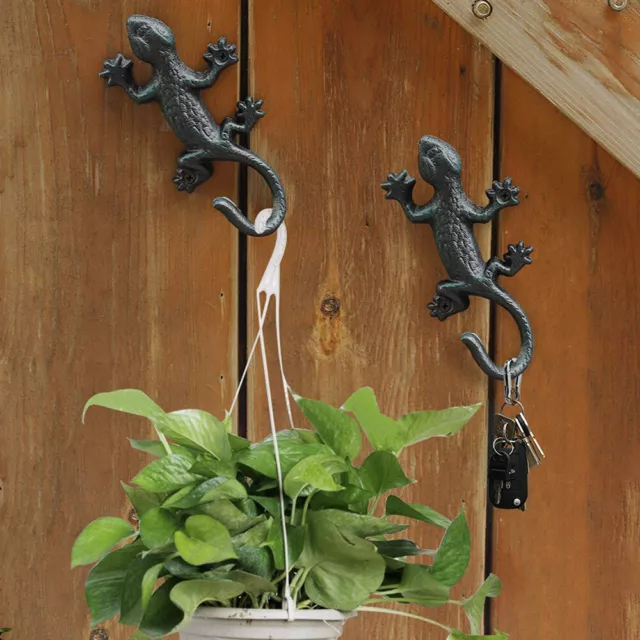Green Gecko Lizard Yard Wall Hooks Coat Clothes Keys Towel Hanger Cast Iron