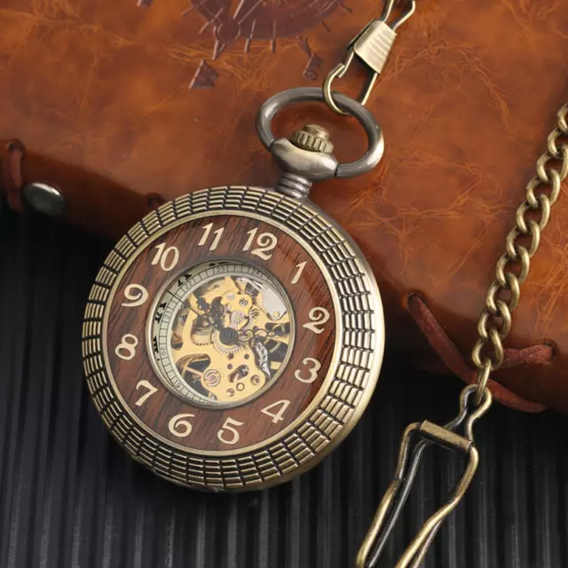 Luxury Retro Bronze Mechanical Hand Wind Wood Case Pocket Watch Pendant Watches