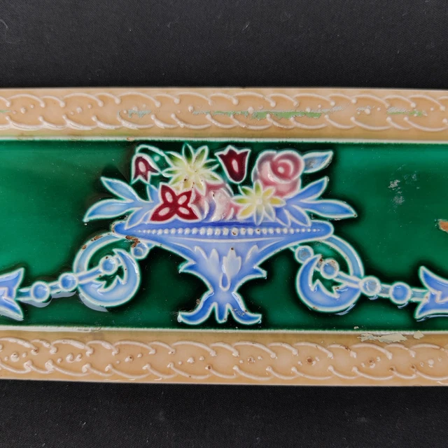 1940s Vintage Architecture Furniture Tile6 x3  Floral Majolica Art Nouveau Japan 3