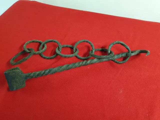 French Antique Wrought iron chain with hook blacksmith hand forged 18th, 19th C 3