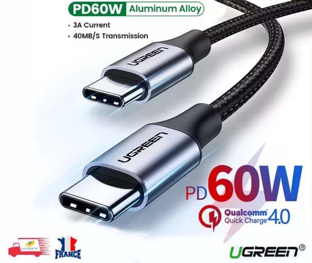 Câble Charge rapide USB Type-C vers USB Type C Cordon PD 60W Ugreen 1M