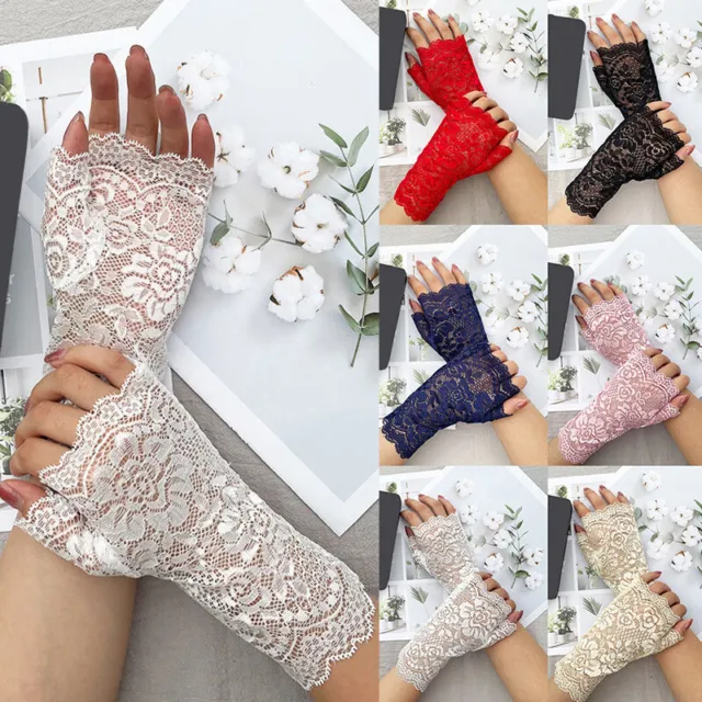 Womens Ladies Hollow Lace Fingerless Gloves UV Sun Protection Short Half Mittens