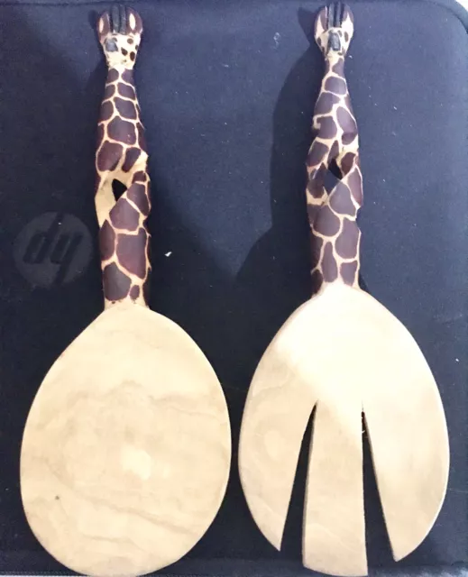 African Hand Carved Crafted Wood Giraffe  Handle Salad Servers Set Fork Spoon