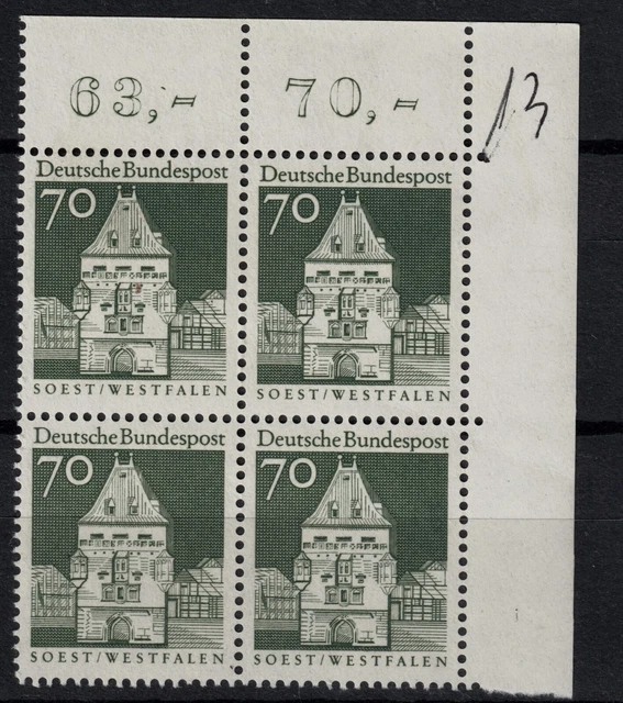 BRD Bauwerke Mi. - Nr. 497 Viererblock Ecke oben rechts postfrisch beschrieben