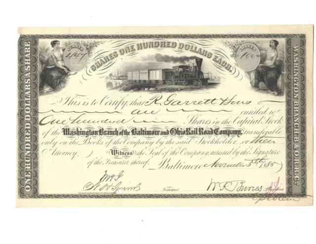 Rare Washington Branch of B & O Railroad Company Stock Certificate -1885
