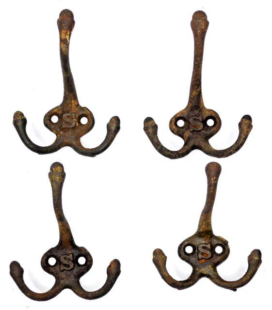 ANTIQUE 'S' TRIPLE ACORN HOOKS HAT COAT CAST IRON VINTAGE HANGER RUSTIC lot of 4