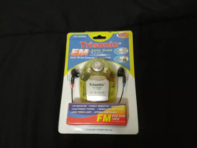 Trisonic Mini Personal FM Radio With Earphones. Auto-scan, light. New, Vintage.