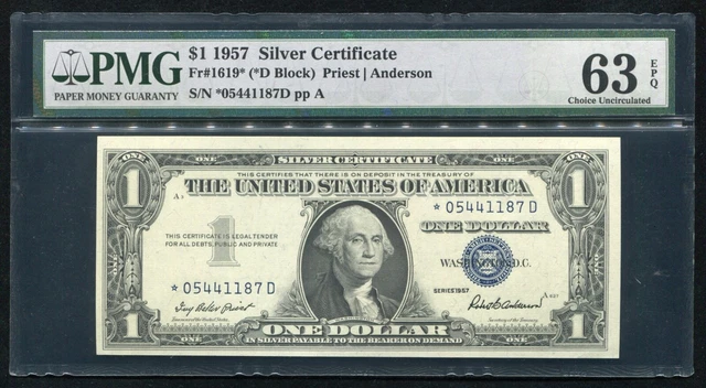 Fr. 1619* 1957 $1 One Dollar *Star* Silver Certificate Pmg Uncirculated-63Epq