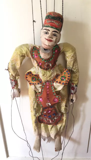 Vintage Asian Burmese Carved Wood Marionette String Puppet 22”