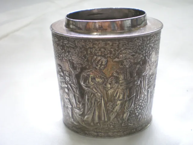 Antique DERBY Silverplate Tea Caddy Jar Tin Victorian Scene NO COVER