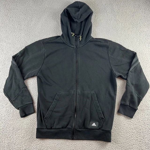 Adidas Hoodie Mens Size L Black Hooded Sweatshirt Full Zip Up Sweater Logo