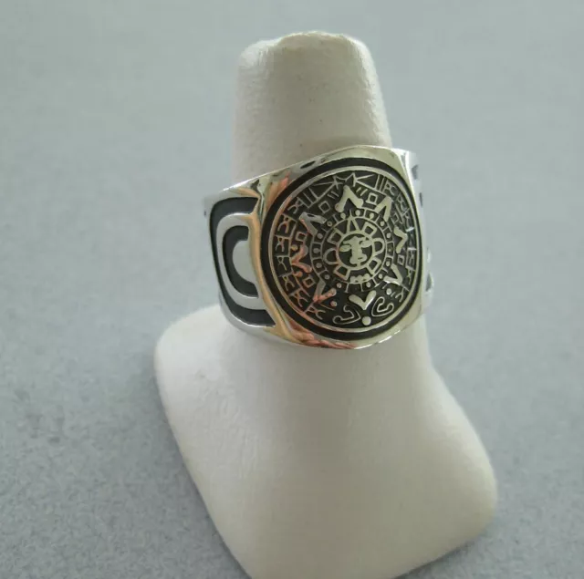 Mexican 925 Silver Unisex Etched Oxidized Shiny AZTEC CALENDAR Mens Ring Sz 5.5