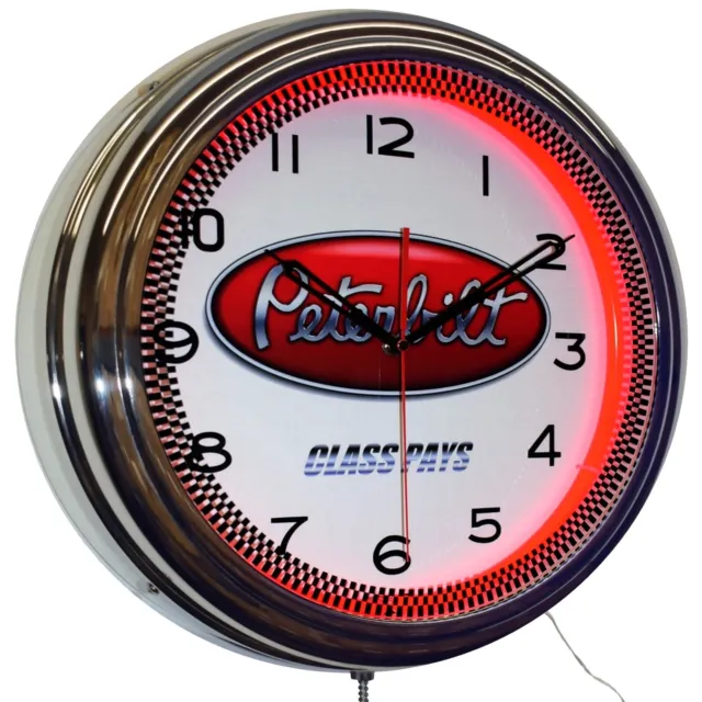 16" Peterbilt Trucks Class Pays Logo Neon Clock Garage Man Cave Decor (Red)