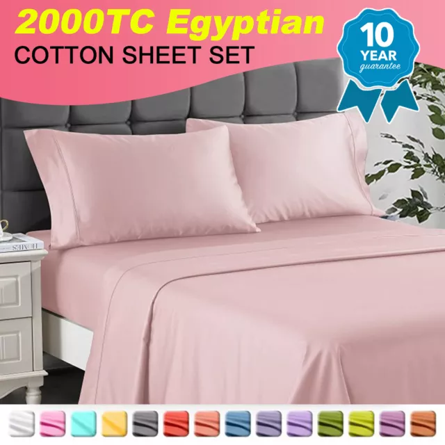 2000TC 100% Egyptian Cotton Percale Flat Fitted Sheet Set Pillowcase Queen/King