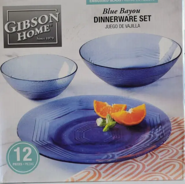 12 Pc Gibson Home Blue Bayou Cobalt Blue Glass Dinnerware Set Plates And Bowls