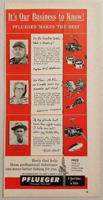 1957 Print Ad Pflueger Fishing Reels Sea Star, Supreme, Freespeed Akron,OH