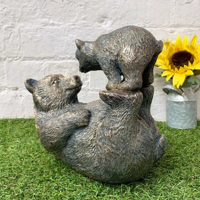 Playful Bear And Cub Ornament Resin Bronze Effect Animal Figure Garden Decor Art