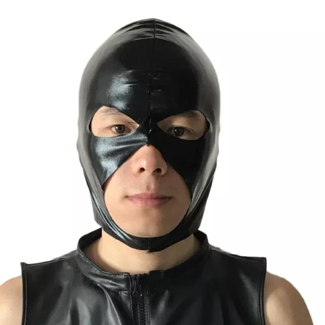 Mens PVC Wet Look Full Head Open Eye Mouth Fancy Head Hood Mask Costume 3 Holes