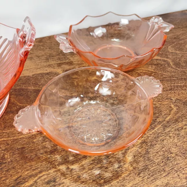 PINK DEPRESSION IMPERIAL GLASS TWISTED OPTIC HANDLED SERVING BOWL Set Of 3 3