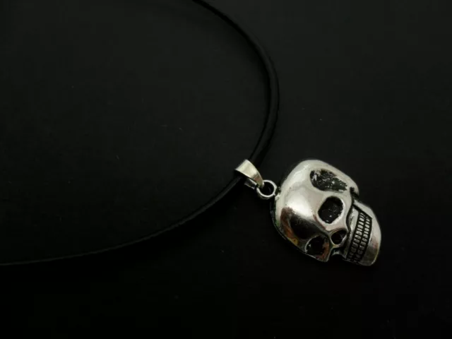 A   Black Leather Tibetan Silver Skull Choker Necklace. New.