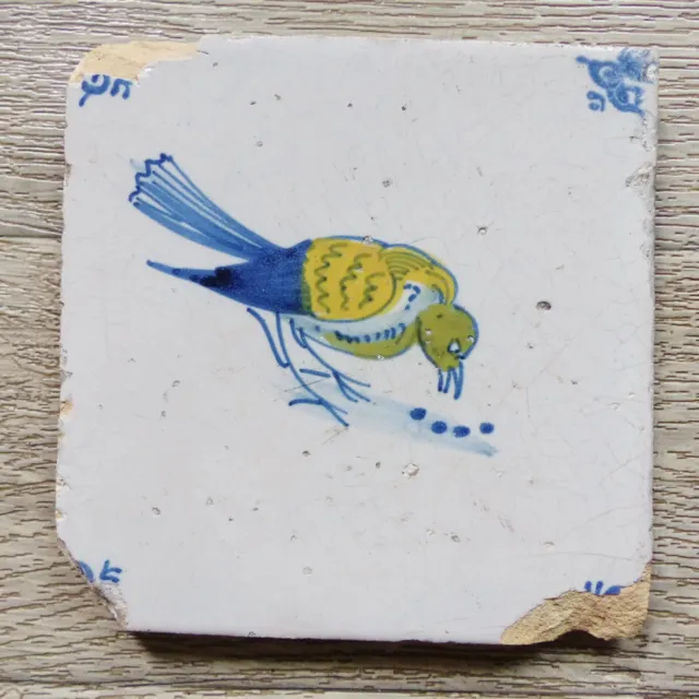 SUPERB ANTIQUE DUTCH DELFT POLYCHROME BIRD TILE MID 17th CENTURY 1650's ( #2 )