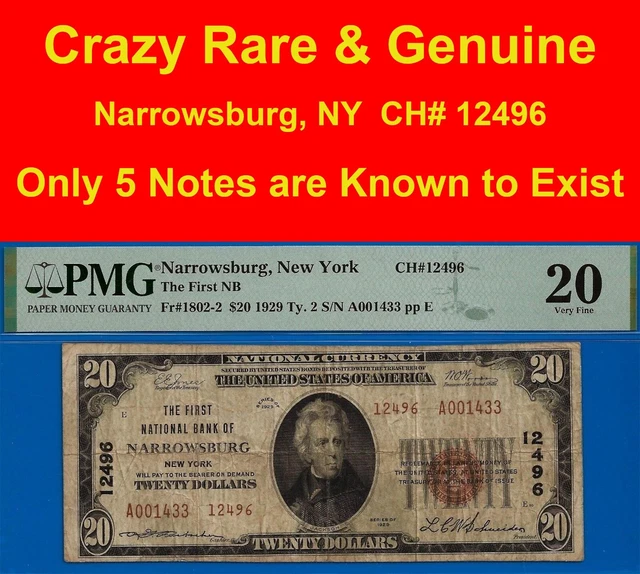 Near TOP POP CH# 12496✅ 1929 $20 National➡️ 2nd Finest🔴Narrowsburg, NY⬅️PMG 20