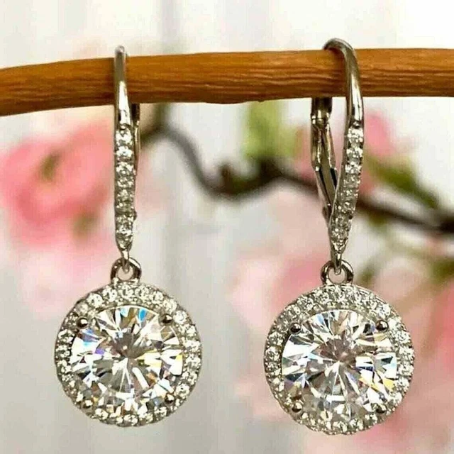 2CT LAB CREATED Diamond Halo Drop Dangle Earrings 14K White Gold Plated