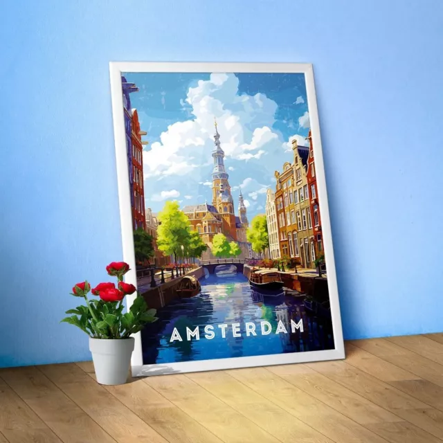 Amsterdam, Netherlands/Holland — Retro travel minimalist poster, travel art