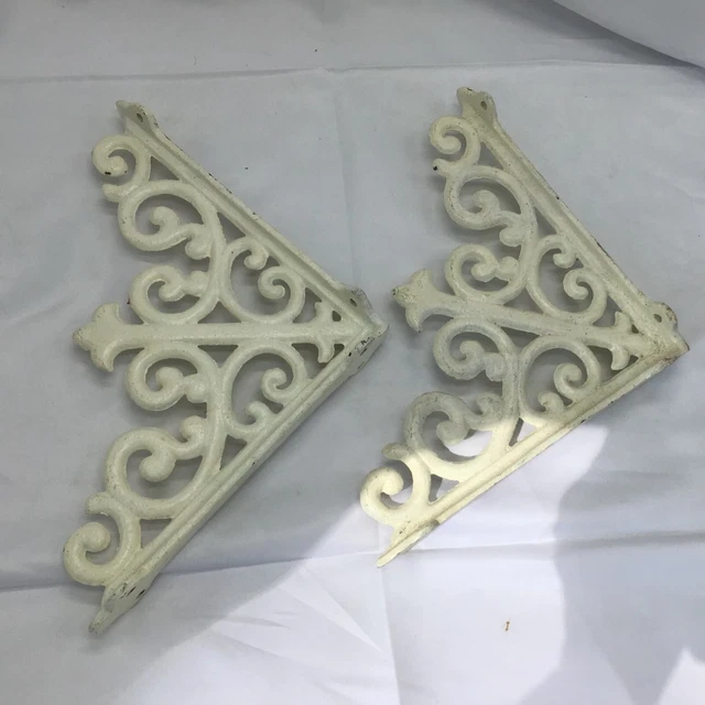 Painted Ornate Scroll Cast Iron Shelf Brackets White Vintage 8 Inches