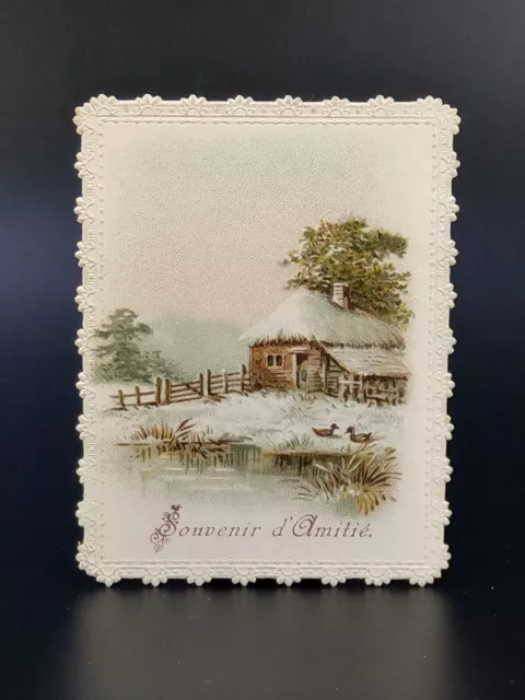 Village scene, house, nature, Victorian Greetings card c1870
