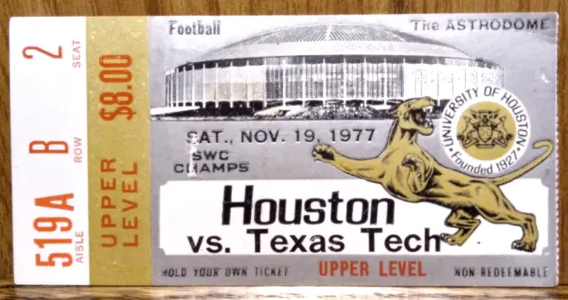 Houston Cougars Football vs. Texas Tech Red Raiders 11-19-1977 Used Ticket Stub