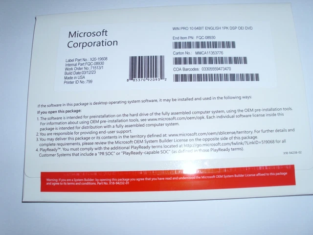 MICROSOFT WINDOWS 10 Pro Dvd 64 Bit (English), With Product Key, New ...
