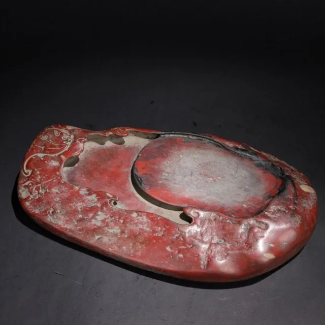 Chinese Antique Red "Duan" Hand Carving Cloud and Bat Ink Stone "ZuoZongTang"