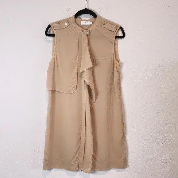 ALC 100% Silk Sleeveless Button Down Dress Semi Sheer Drape Front Size 4