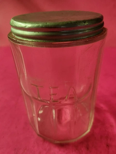 Vintage TEA HOOSIER SELLERS KITCHEN CABINET GLASS 12 panel JAR with Original Lid