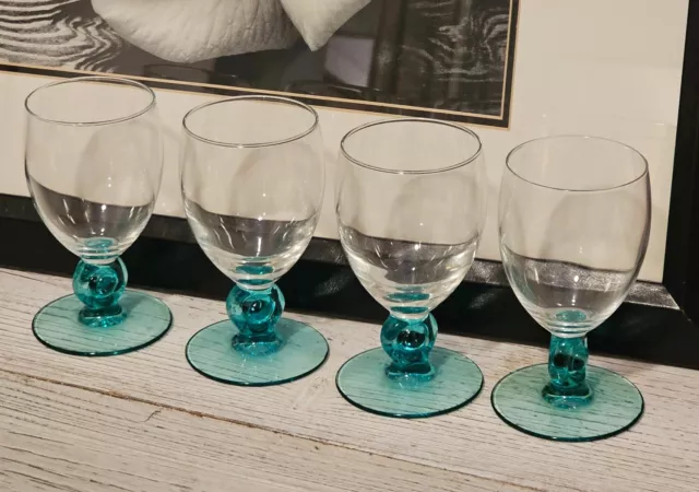 Luminarc France Teal Wine Glasses Vintage Clear Crystal Top Teal Stem Set Of 4