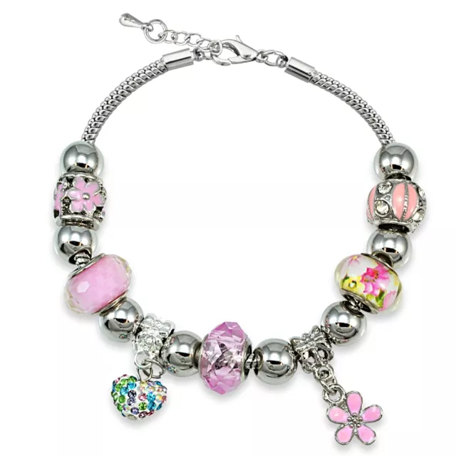 Cristal Rose & Verre Coeur Fleur Perle Breloque Bracelet