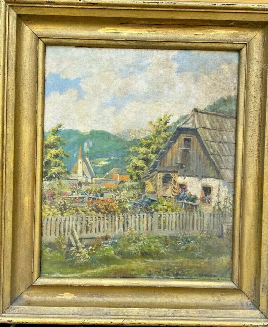 Oil Painting Sign Height Günther Farmhouse With Flower Garden Church & Village