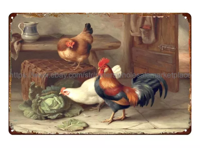 metal wall art Edgar Hunt Chickens rooster cabbage Barn metal tin sign