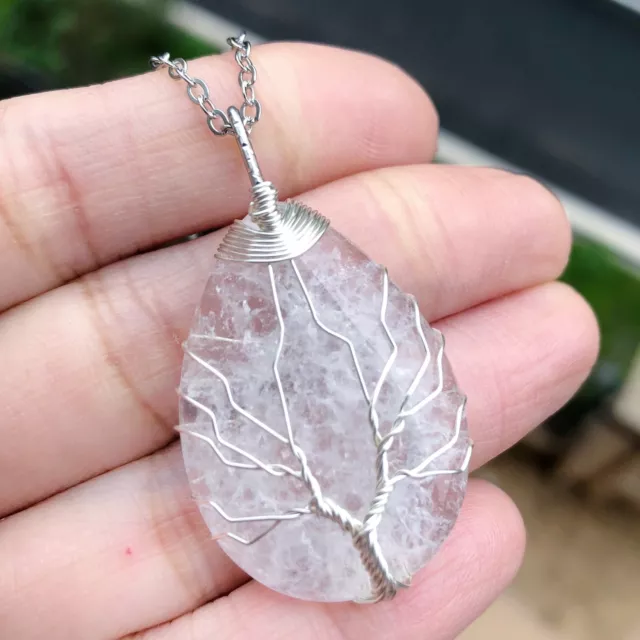 Rock Quartz Gems Tree Of Life Necklace Water-drop Chakra Reiki Healing Amulet